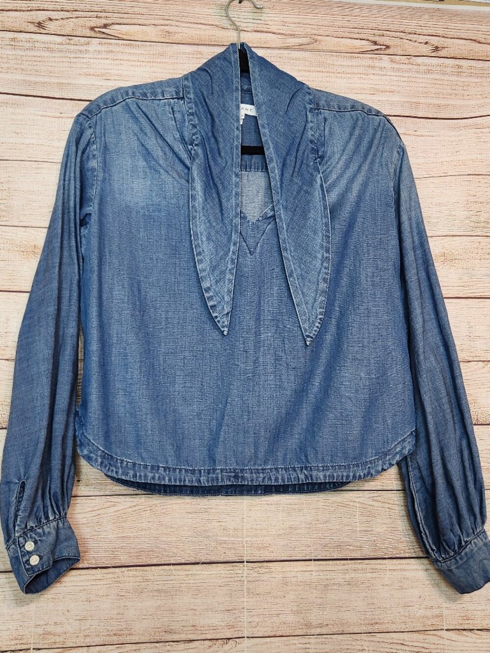 FRAME Women's Chambray Denim Odessa Western Style Blouse V-Neck Distressed XS